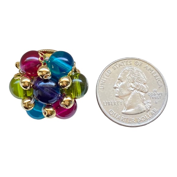 Signed Trifari Jewel-Toned Glass Bead Clip Earrings - Picture 9 of 12